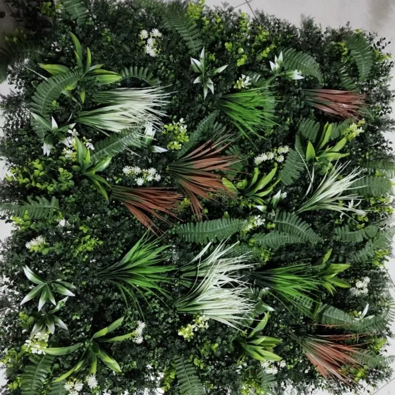 Flame-retardant faux greenery wall for indoor use